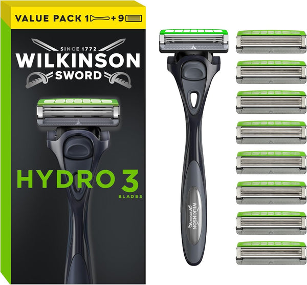 Hydro 3 Men’S Razor, Great Addition to Wash Bags for Men'S Grooming, Great Shavers for Routine Shaving, 1 Reusable Handle plus 9 Blades Refills Pack