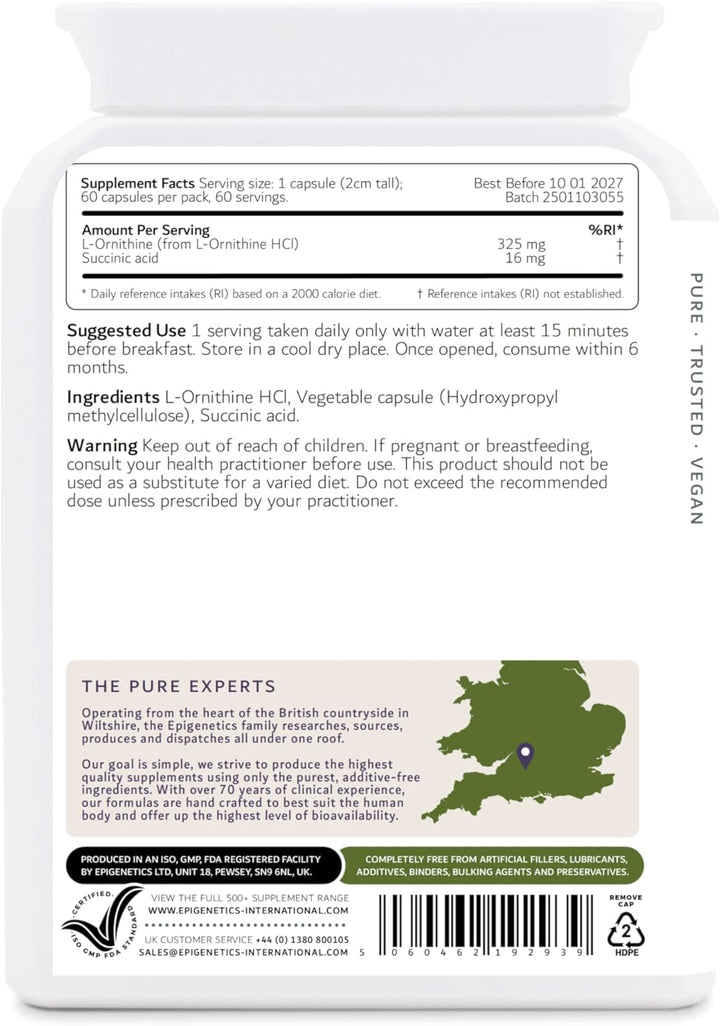 Ornithine SA | 325Mg L-Ornithine (Hcl) Amino Acid + Succinic Acid Natural Antioxidant | 60 Vegan Friendly Capsules UK Made | 1 Capsule Daily (2 Month Supply)