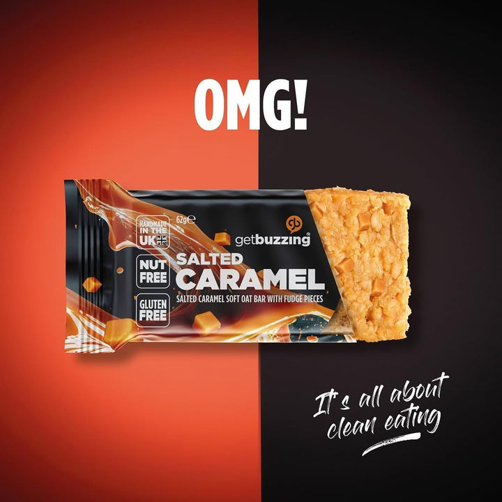 Getbuzzing Nut Free Oat Flapjack Healthy Snack & Energy Bars - Running,Gym, Cycling - Breakfast Snack - Made in the UK - Salted Caramel Pack of 20 X 62G Bars