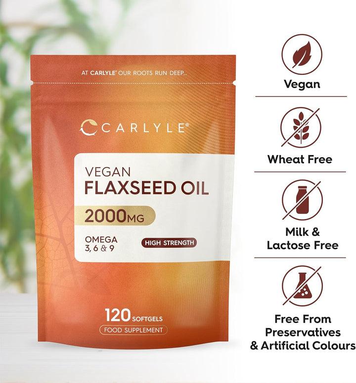 Flaxseed Oil Capsules 2000Mg | 120 Vegan Softgels | High Strength Supplement with Omega 3 6 & 9 | Cold Pressed | by
