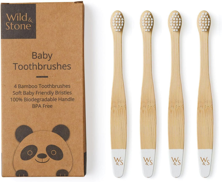 Organic Baby Bamboo Toothbrush | 4 Pack | Soft Fibre Bristles | 100% Biodegradable Handle | BPA Free | Vegan Eco Friendly Baby Toothbrushes (Multicolour)