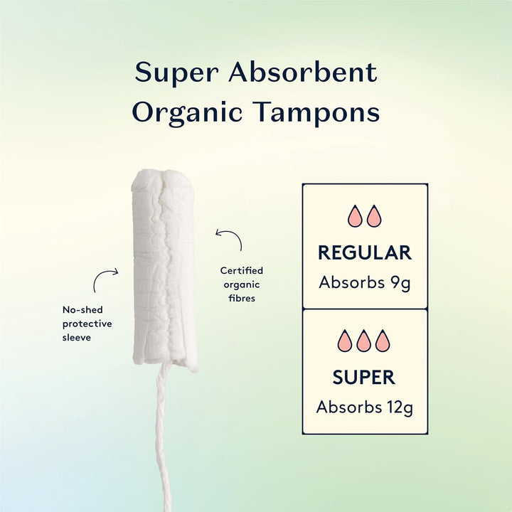 Organic Tampons Regular | 18Ct | Pesticide & Metal Tested, 100% Organic Cotton, Best Absorbency | No-Shed Sleeve, Sugarcane Applicator