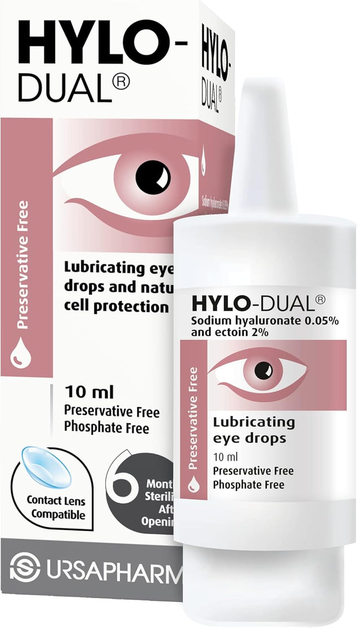 HYLO Dual - Preservative Free Eyedrops - Contains 0.05% Sodium Hyaluronate and 2% Ectoin - Moisturises Dry Eyes and Reduces Allergic Symptoms - 10Ml