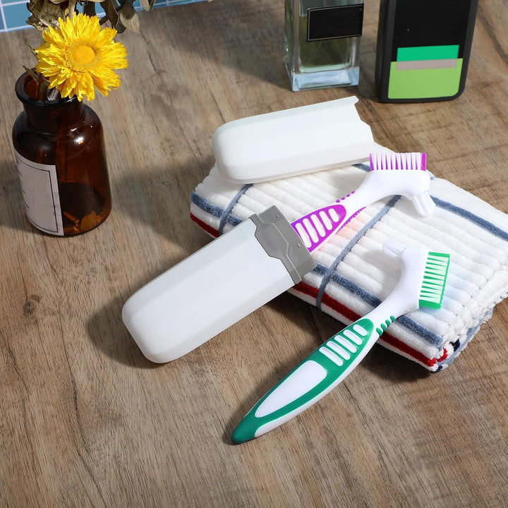 2Pcs Denture Cleaning Brush Set, Denture Toothbrushes, Denture Cleaning Care Brush with White Carrying Case, Multi-Layered Bristles & Ergonomic Rubber Handle for Denture Clean Care (Green&Purple)