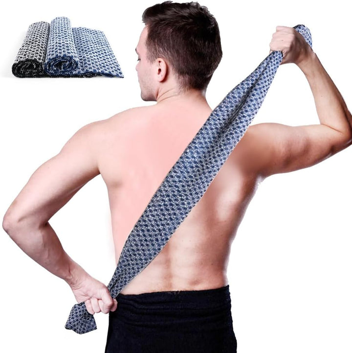 2 Pcs Long Exfoliating Washcloth, Extra Long Exfoliating Body Towel, Deep Exfoliating Towel Natural Body Exfoliator Bath Scrub Loofah, Cleaning Dirt and Dead Skin for Men Women (Black+Blue Grid)