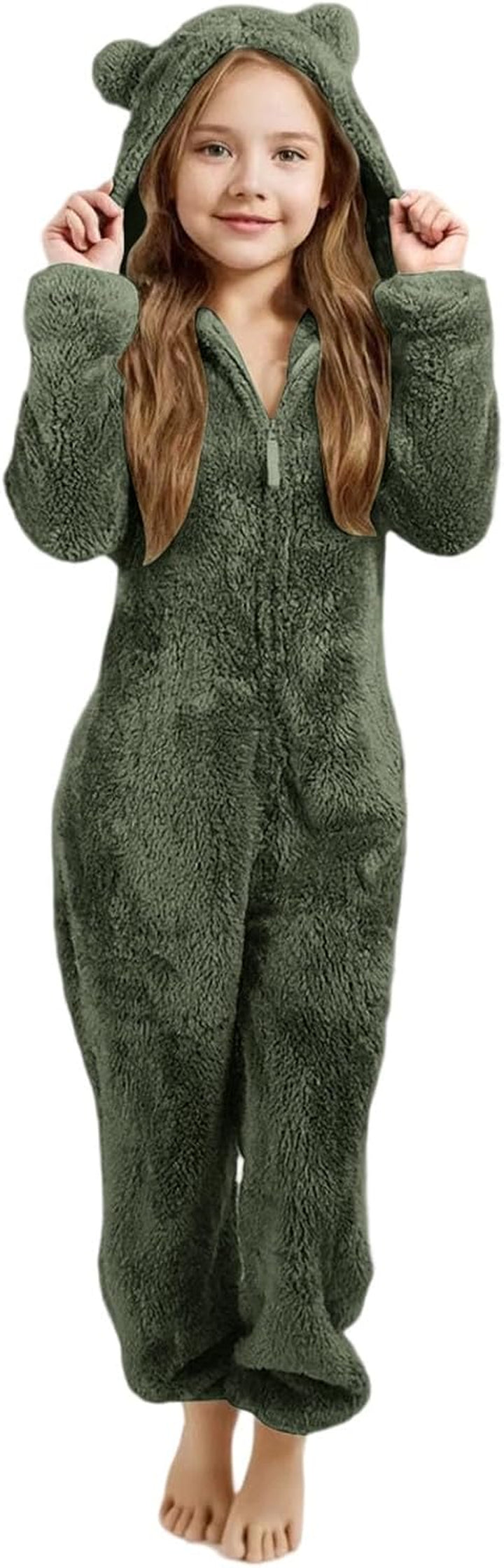 Girls Fleece Hooded Romper Jumpsuit with Ears Soft Warm Winter Pajamas Play Costume for Toddler Kids