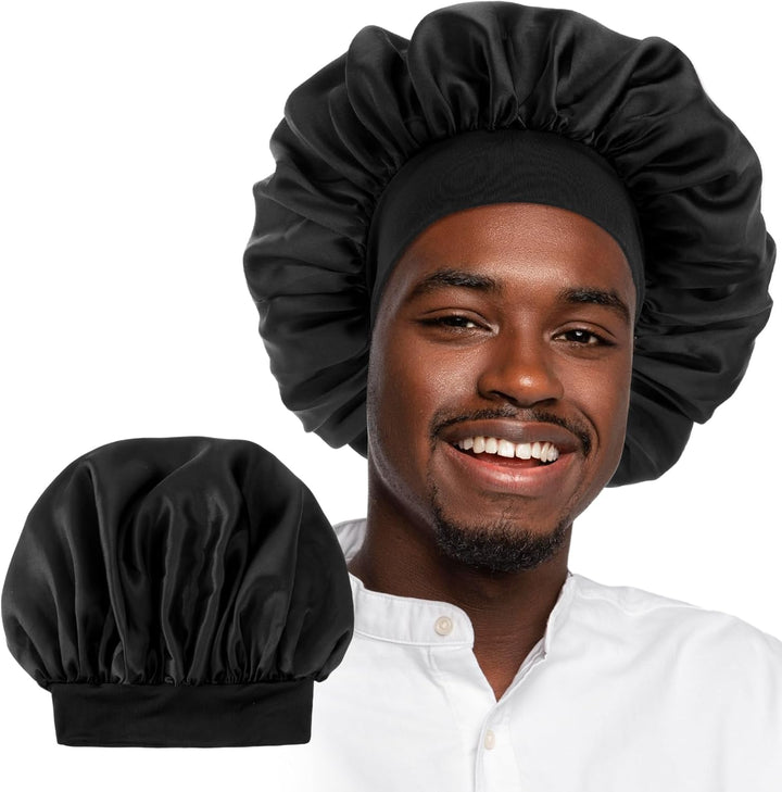 Silk Bonnet for Men, Satin Bonnet Single Layer Elastic Band Silk Sleep Cap Black Soft Adjustable Hair Cap Hair Wrap Large Bonnets for Women Sleeping