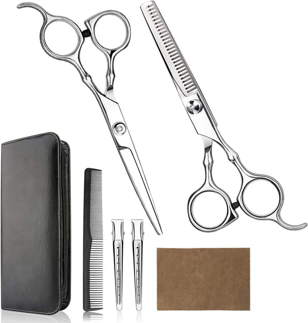 Professional Hair Cutting Scissors Set for Home, Barber Salon, Thinning Scissors Set with Comb and Case for Men/Women (Silver)