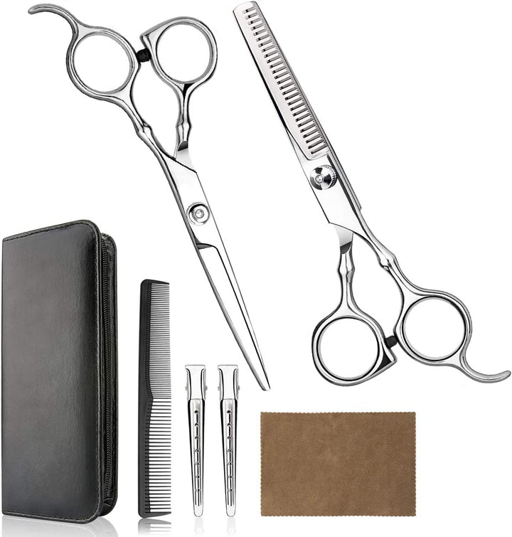 Professional Hair Cutting Scissors Set for Home, Barber Salon, Thinning Scissors Set with Comb and Case for Men/Women (Silver)