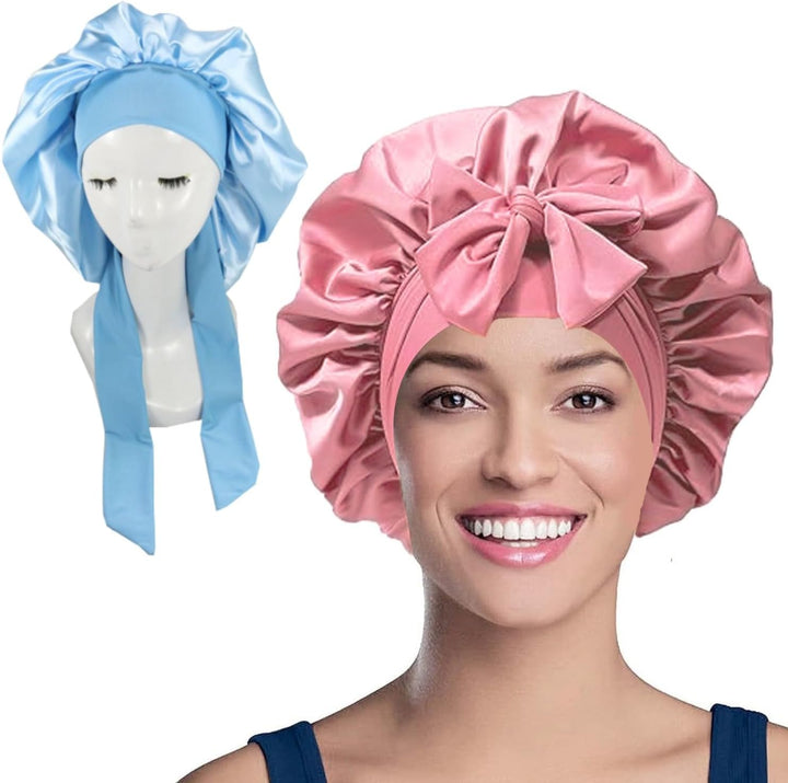2PCS Satin Bonnet, Silk Bonnet Hair Wrap for Sleeping, Hair Bonnet for Bath, Tie Band for Women Long Curly Braid Hair (Black, Pink)