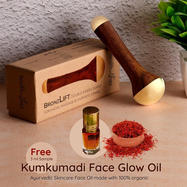 Healthandyoga Bronzlift Kansa Wand - Both Side Bronze Cap - Added Beauty Face Oil Vial - Ayurveda Face Yoga Beauty Tool - Facial, Neck & Under-Eye Massage – Toning and Sculpting (Two Dome)