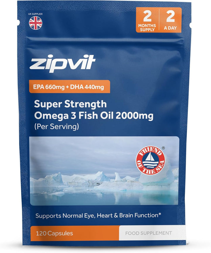 Omega 3 Fish Oil 2000Mg, EPA 660Mg DHA 440Mg per Daily Serving. 120 Capsules (2 Months Supply). Supports Heart, Brain Function and Eye Health. 2 Capsules per Serving