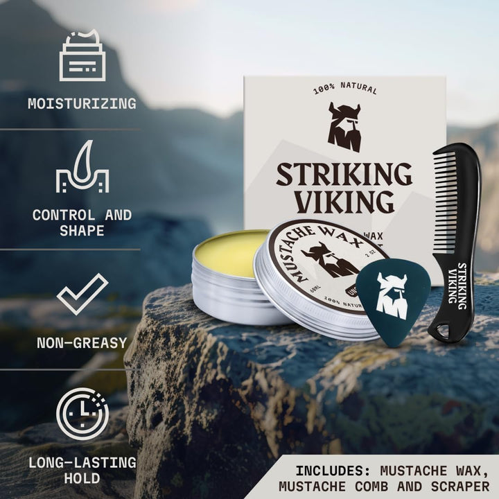 Moustache Wax and Comb Kit - 60G, Unscented - Strong Hold Moustache Wax for Men & Anti-Static Comb for Precise Grooming - Non-Greasy Formula for Easy Beard Care