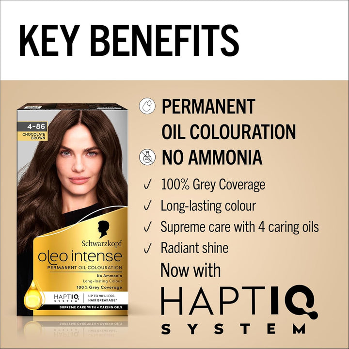 Oleo Intense Permanent Oil Colour 4-86 Chocolate Brown, 100% Grey Coverage, Conditioner with Haptiq System, Long-Lasting Colour, Ammonia Free Hair Dye