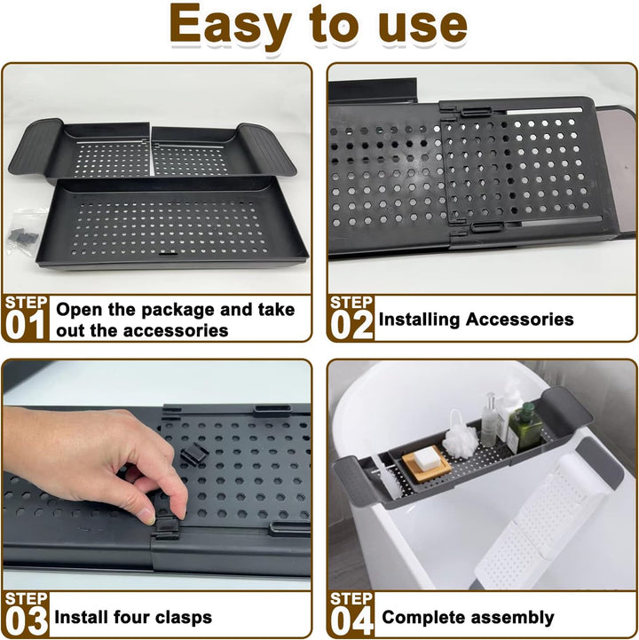 Expandable Drain Bath Shelf Caddy Tray, Multifunctional Plastic Bathtub Tray Bathroom Organizer Simple Stylish Bathtub Storage Rack for Candle Towel, Book, Wine, Phone, Shower (White)