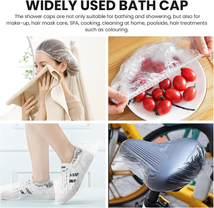 100PCS Disposable Shower Caps,Waterproof Hair Caps,Multi-Purpose Thickened Plastic Elastic Bath Caps for Women, Home Use,Hair Salon, Spa, Travel, Hotel, Shower（White）