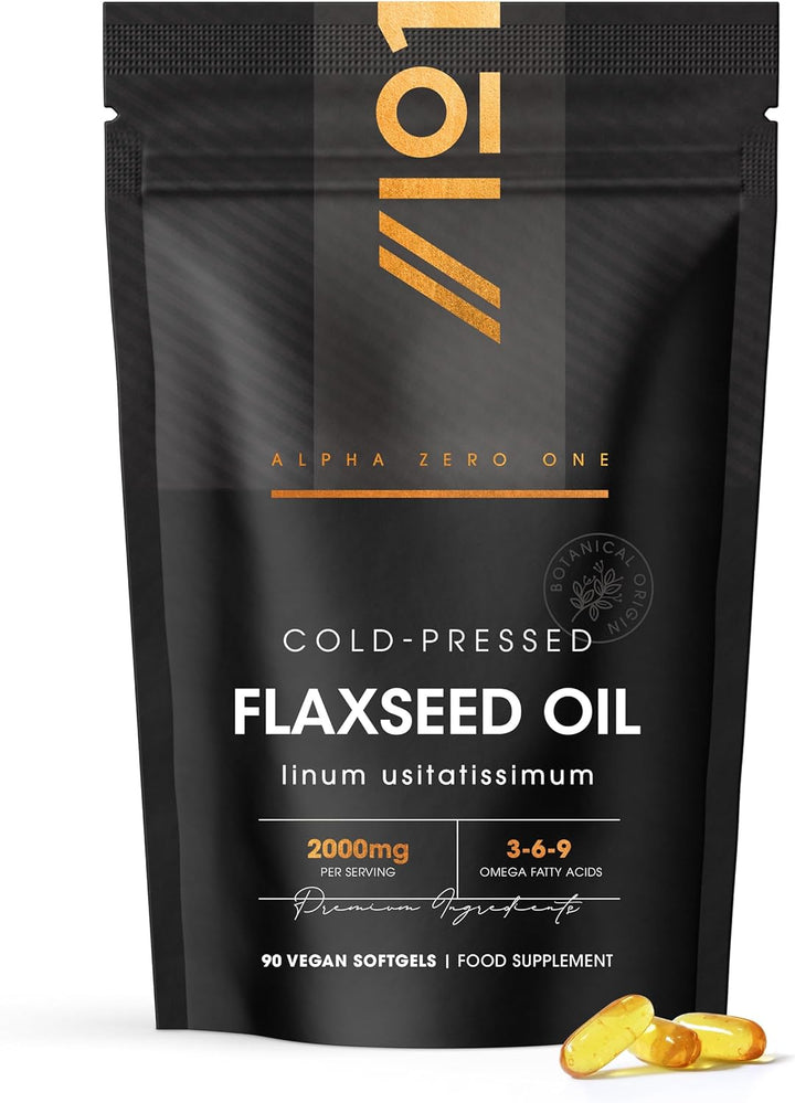 Flaxseed Oil 2000Mg – 90 Vegan Softgels – Cold-Pressed with Omega 3-6-9 – Pure & Potent Linum Usitatissimum - Resealable and Recyclable Pouch by