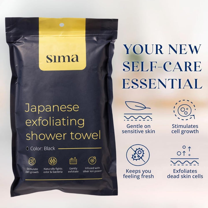 Exfoliating Washcloth Face & Body Scrub Towel - Japanese Exfoliating with Hexagon Fibers, Body Scrubber with 2 Sides for Scrubbing & Washing, Extra Long Towel (Black)