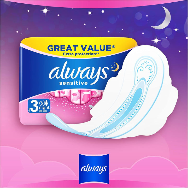Sensitive Ultra Night Sanitary Towels with Wings, Size 3, 100 Towels (10 X 10 Packs), Saving Box, Odour Neutraliser, Super Absorbent Core, Packaging May Vary