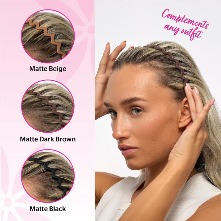 Neutral Zig Zag Headbands – 3 Pack | Stylish Wavy Hair Bands for Women & Girls | Comfortable, Non-Slip, Everyday Hair Accessories