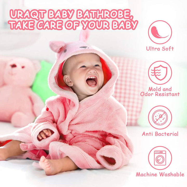 Baby Bathrobe for Girls, 3D Pink Rabbit Dressing Gown, Super Soft Flannel Hooded Bath Towel, Animal Bath Robe Sleepwear for 0-3 Years