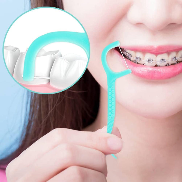 100 Pcs Dental Floss, Disposable Floss Sticks Dental, Portable Toothpicks Sticks, Interdental Cleaning Tool for Travel, Home, Office, Restaurant (Blue)