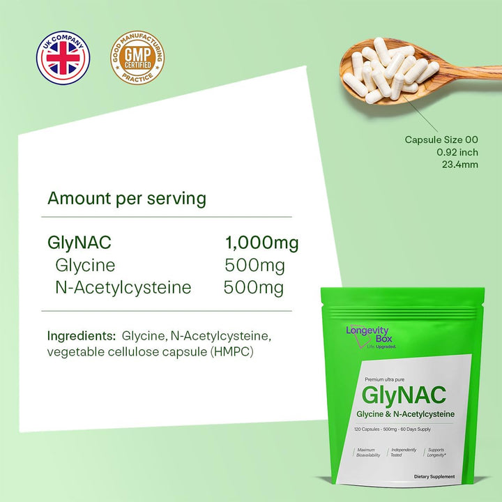 Glynac 1000Mg – 500Mg Glycine + 500Mg NAC – 120 Vegan Capsules for Glutathione, Energy & Healthy Aging