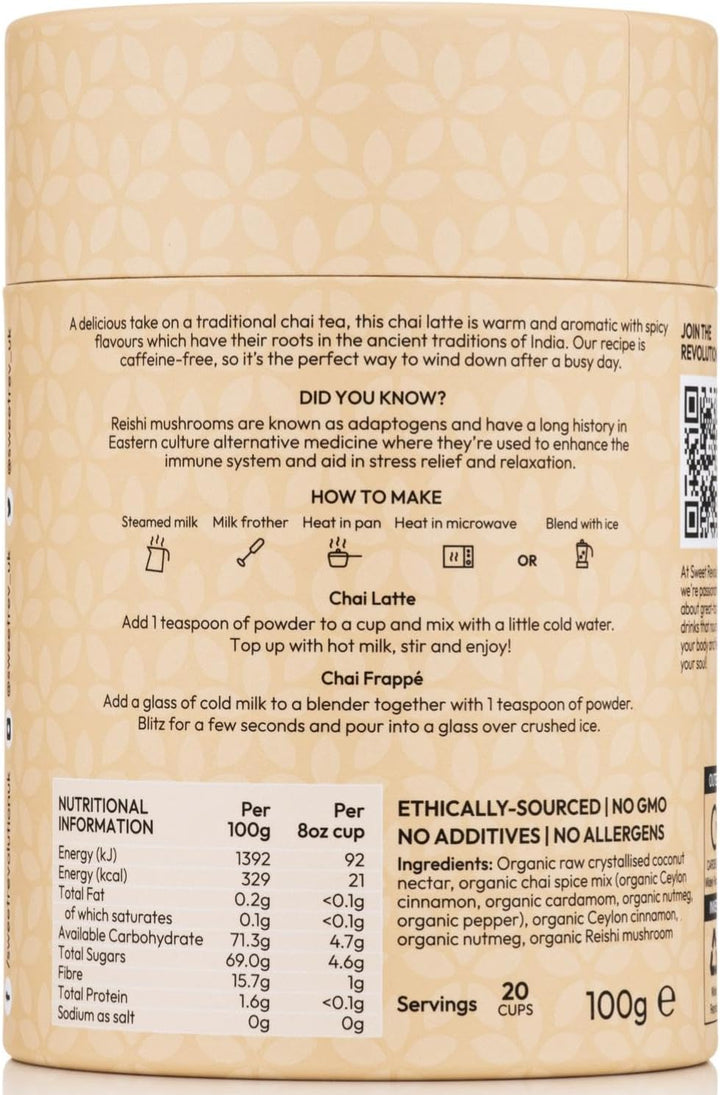 Organic Chai Latte with Reishi Barista Blend (1 X 100G) Tub. Caffeine Free, Gluten Free, Dairy Free, Refined Sugar-Free.