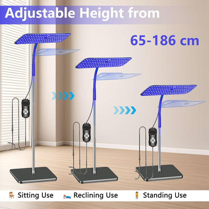 Tanning Lamp, 126 Blue Leds, 360° Rotating Head, Adjustable Height 65–186Cm, Timer & Goggles, Face Tanning Lamp with 3 Wavelengths: 660Nm+850Nm / 660Nm / 850Nm – for Home Use