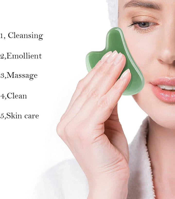 Gua Sha Stone Massage Tool Jade Neck Beauty Slimming Massager for Spa Skin Caring Pain Relief Tool, Face Body Heart Shape (Green 1)