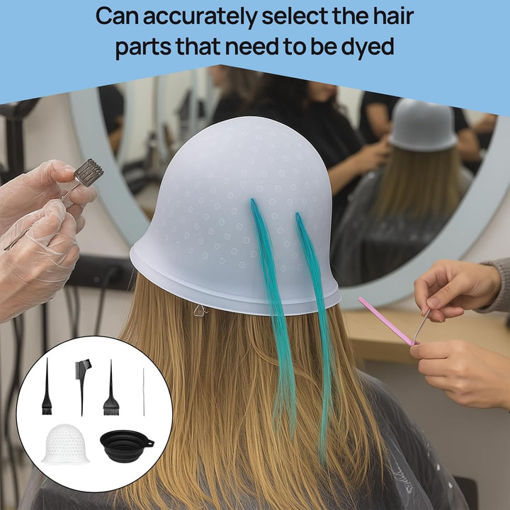 6 PCS Silicone Highlighting Cap and Hook Kit with 3 Brushes, Coloring Hook Needle Dye Bowl, Reusable Hair Highlighting Kit for Color Hair Hairdressing Dyeing Staining Tools for Women Men