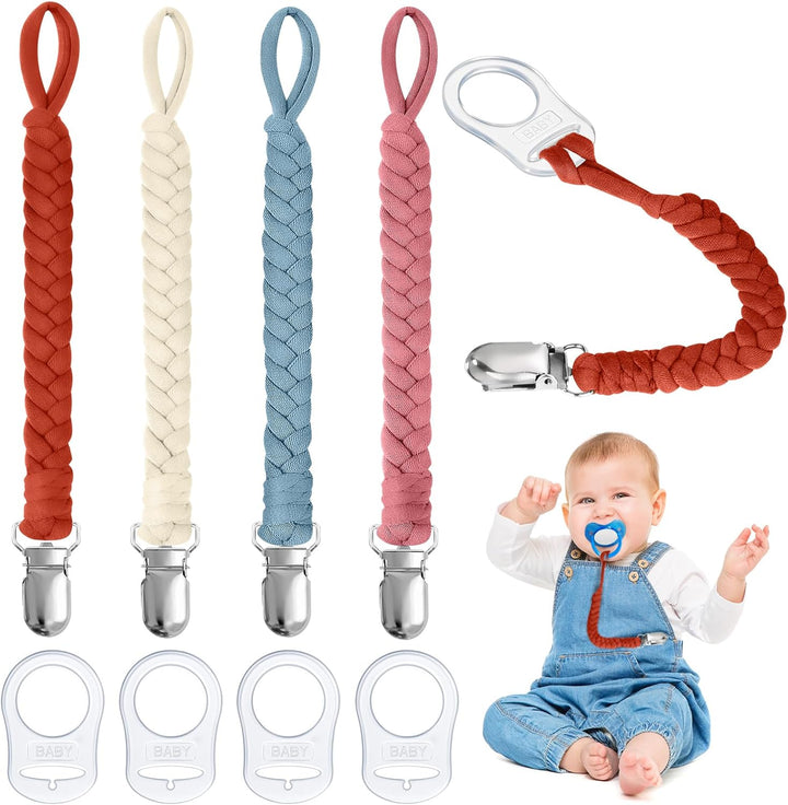 Dummy Clips Baby Pacifier Chain, 4 Pcs Baby Dummy Pacifier Chain with 4Pcs Clip Adapter, Silicone Ring Adapter, Soother Chain Holder Straps Teething Clips for Baby Teething Toys