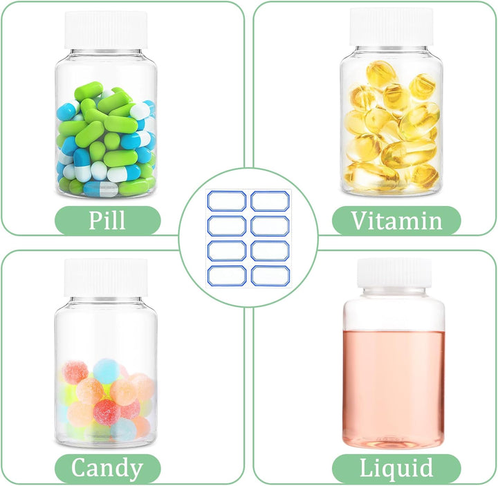 Clear Pill Bottle 6 Pcs Empty Medicine Organizers 150ML Jar Powder Box Storage Transparent Reagent Containers Plastic Dispenser Leak Proof Caps Receptacle for Toiletries Counter Labels