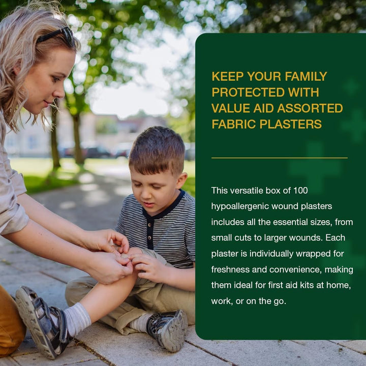 Fabric Plasters Assorted - Box of 100 Individually Wrapped Hypoallergenic Plasters, Latex-Free Adhesive - 5 Popular Sizes for First Aid Kit & On-The-Go Use Medical Supplies