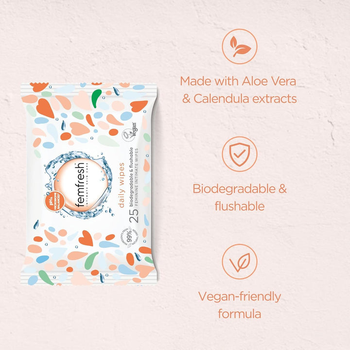 Intimate Wipes - Flushable & Biodegradable Disposable Feminine Hygiene Vaginal Cloths W. Calendula & Aloe Vera Extracts - Soothing, Ph Balanced, Hypoallergenic, 25 Count (Pack of 1)