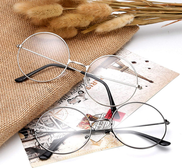 - round Glasses Unisex, Wizard Costume - Retro Sixties Style Clear Lens, round Wire Costume Geek Glasses Accessories for Dress Up, Classic Vintage Design Spectacles