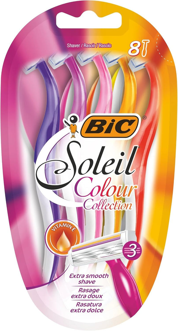Miss Soleil Colour Collection 3-Blade Razors for Women with Easy Grip Handle and Lubricating Strips, Pack of 8