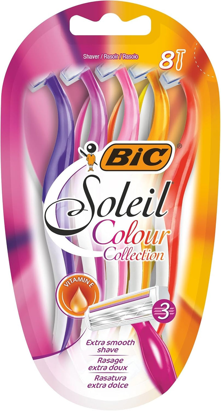 Miss Soleil Colour Collection 3-Blade Razors for Women with Easy Grip Handle and Lubricating Strips, Pack of 8