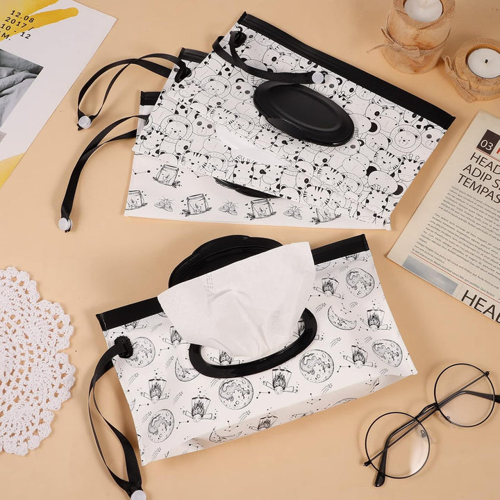 4 Pack Reusable Wipe Case, Extra Large 10" X 6" Refillable Wipe Dispenser Travel Container in Black and White