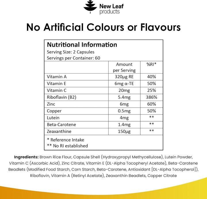 Lutein Supplement for Eyes - Lutein and Zeaxanthin Supplement Enriched with Vitamin A, B2 Which Supports Normal Vision & Zinc Eye Vitamins - Made in the UK Eye Health Complex by New Leaf