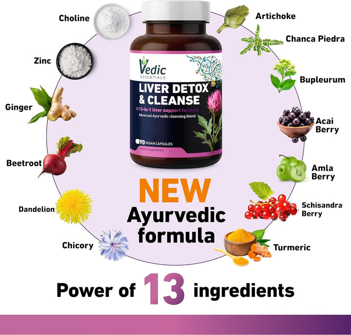 Vedic Advanced Liver Cleanse & Detox | High Strength Liver Support Capsules | 13 Essential Natural Ingredients for Healthy Liver Function | Vegan, UK Made, Premium Supplement