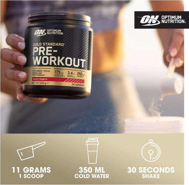 Gold Standard Pre Workout Powder, Energy Drink with Creatine Monohydrate, Beta Alanine, Caffeine and Vitamin B Complex, Nutrition Supplement, Watermelon Flavour, 30 Servings, 330 G