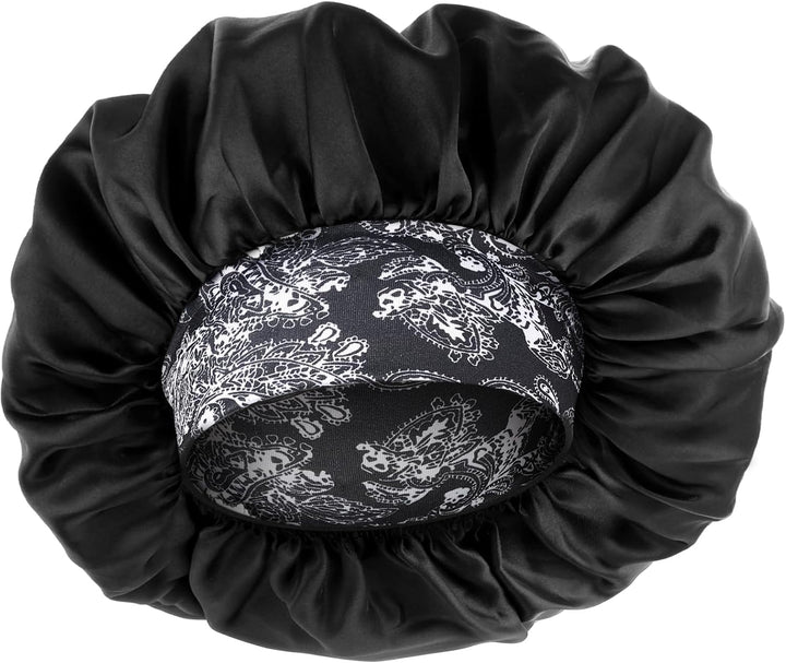 Silk Bonnet for Men, Satin Bonnet Single Layer Elastic Band Silk Sleep Cap Black Soft Adjustable Hair Cap Hair Wrap Large Bonnets for Women Sleeping