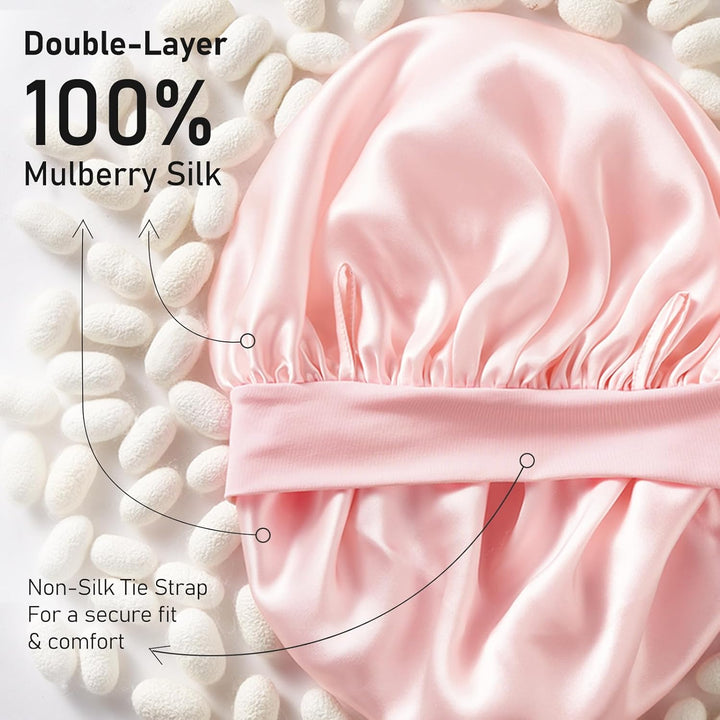 100% Mulberry Silk Bonnet for Sleeping Women, 22 Momme Double-Layered Grade-6A Silk Hair Bonnet for Sleeping, Hair Cap for Sleeping with Tie Band on Head, Includes Scrunchie(Pink)