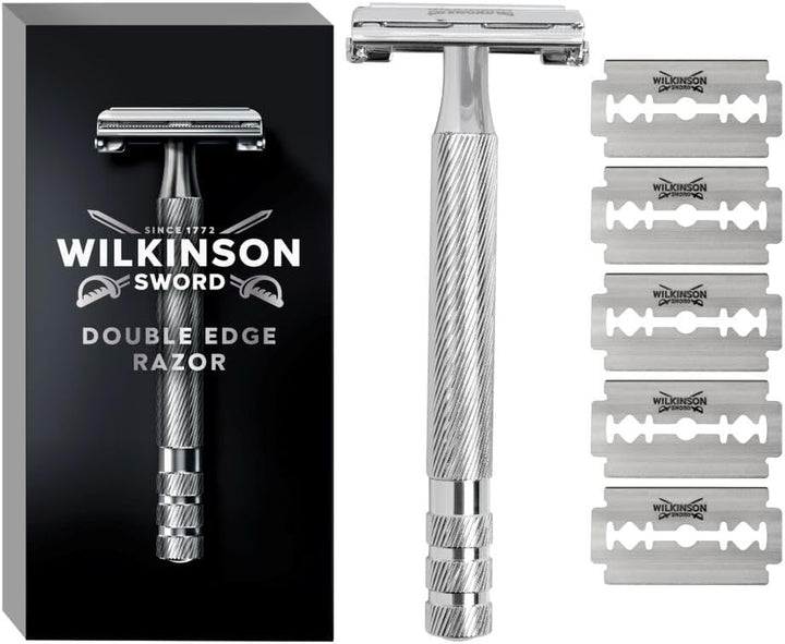 Double Edge Razor for Men, Barber'S Style Wet Shavers for a Close and Comfortable Shave, 1 Double-Sided Razor Handle plus 5 Blades Refills Pack