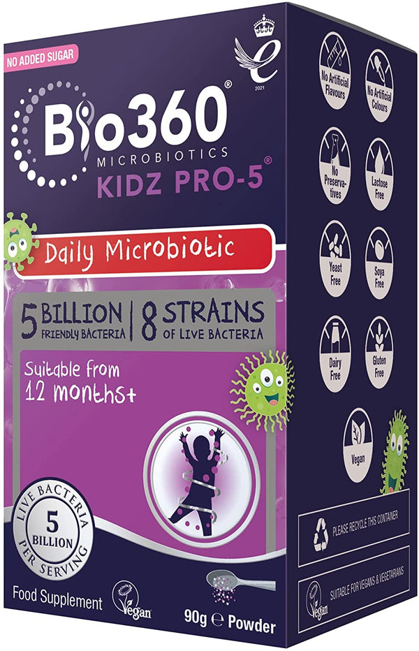Bio360 Kidz Pro-5 Daily Microbiotic Powder 90G for Children 12 Months to 12 Years - 5 Billion Friendly Bacteria - Supports Digestive Health & Immunity Sugar Free Vegan Non-Gmo Gluten-Free
