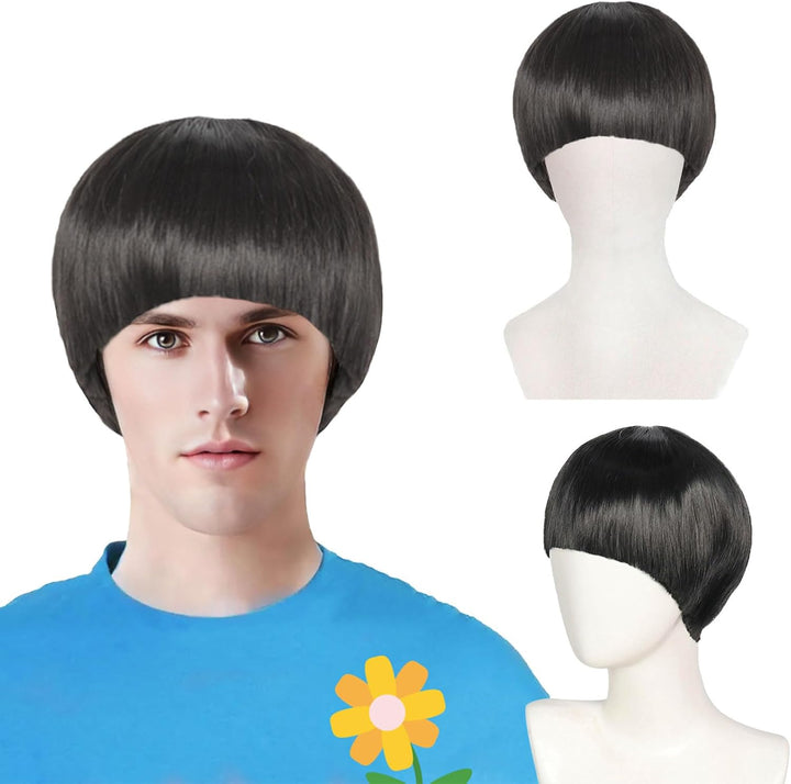 Short Black Straight Wig for Men Women, Short Mushroom Wig with Full Bang Funny Bowl Cut Hairstyle, Men'S 60S 70S 80S Hair Costume Movie Role Play Fancy Dress Cosplay Party Halloween (Black)