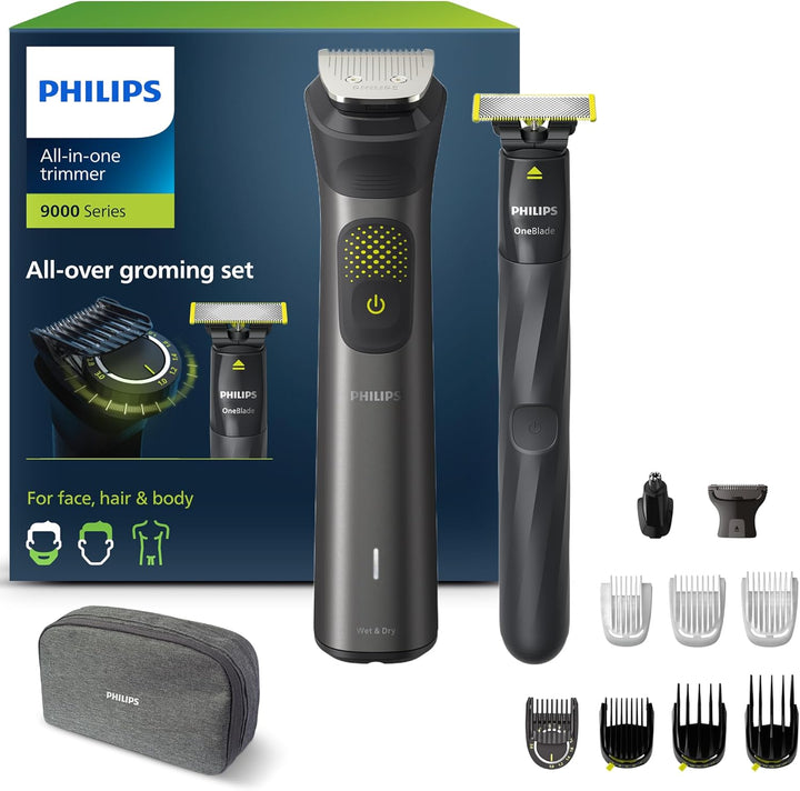 Multigroom 9000 Series All-In-One 19-Piece Trimmer, Shaver & Clipper + Oneblade Trimmer for Men - All-Over Grooming Set for Face, Head & Body, 27 Length Settings (0.2-20 Mm), MG9556/15