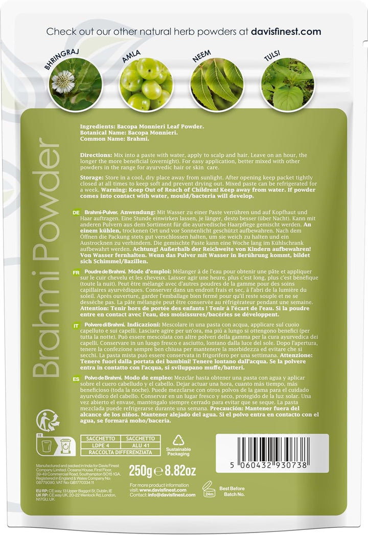 Organic Brahmi Powder 250G, Ayurvedic, Hair Growth, Dry Scalp, Damaged Thinning Hair, Reduce Split Ends, Hair Fall & Hair Breakage