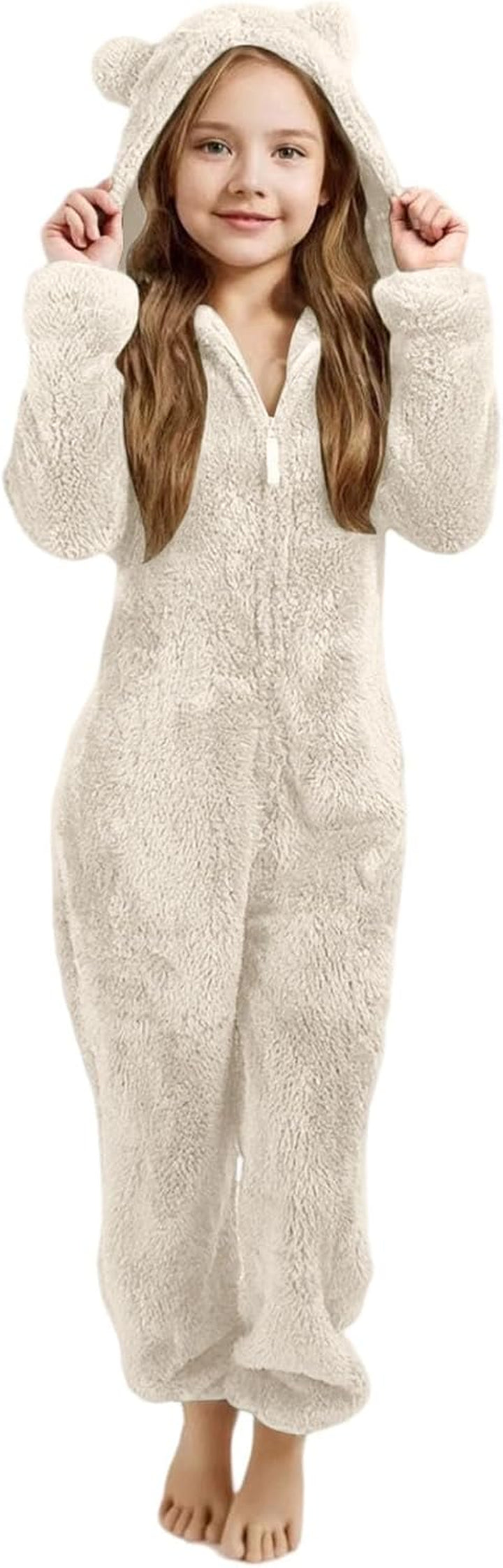Girls Fleece Hooded Romper Jumpsuit with Ears Soft Warm Winter Pajamas Play Costume for Toddler Kids